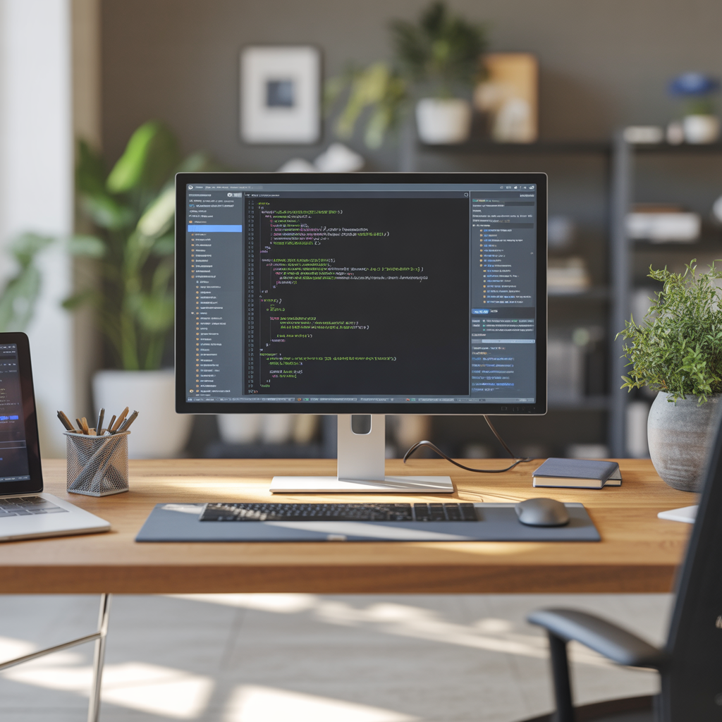 A sleek desktop setup displaying a programming tutorial on the screen, modern minimalist office, natural lighting, high quality 4k rendering, depth of field
